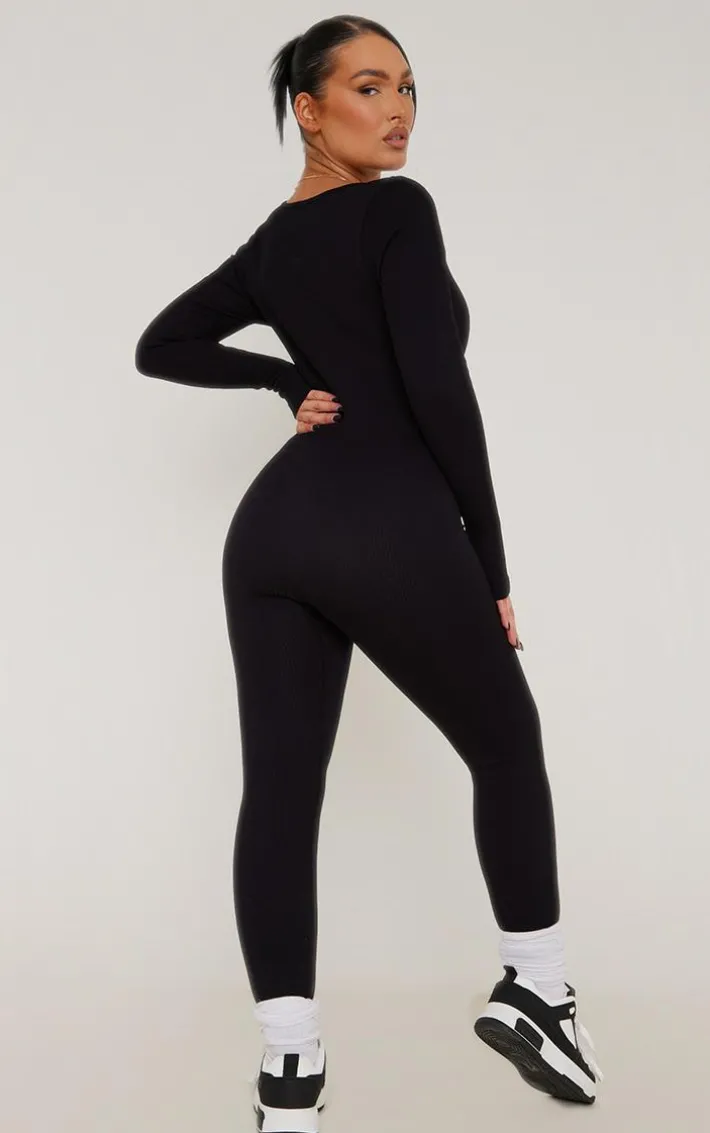 Black Snatched Rib Square Neck Long Sleeve Jumpsuit