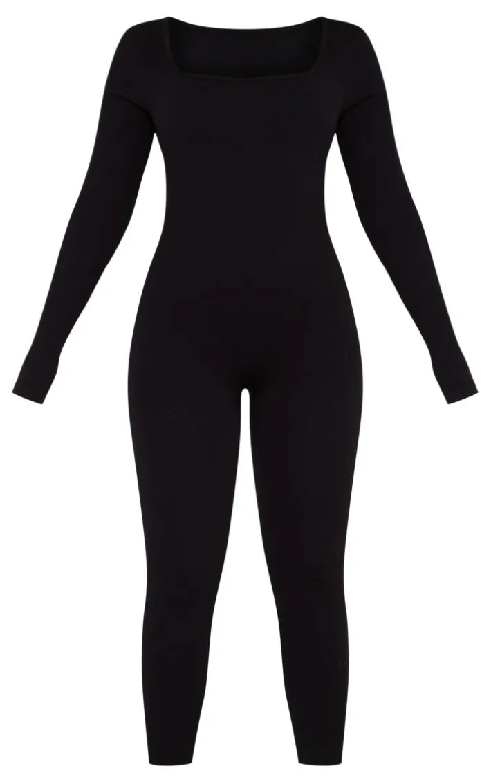Black Snatched Rib Square Neck Long Sleeve Jumpsuit