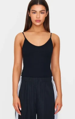 Black Snatched Rib Strappy Bodysuit