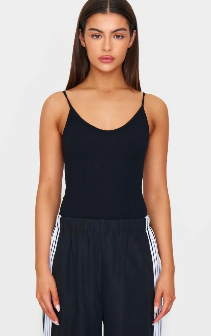 Black Snatched Rib Strappy Bodysuit