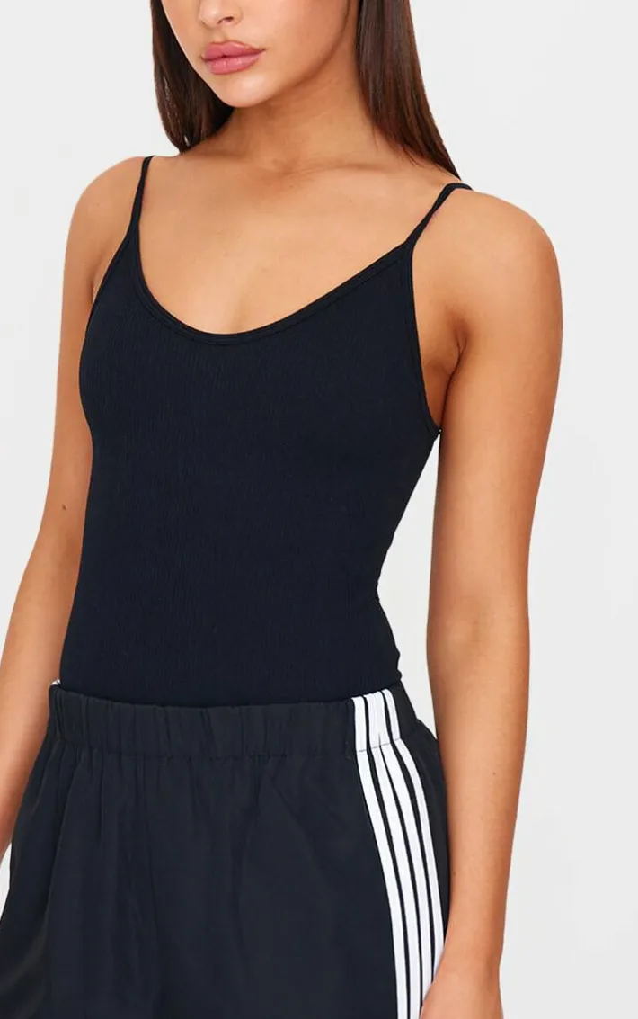 Black Snatched Rib Strappy Bodysuit