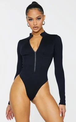 Black Snatched Rib Zip Up Long Sleeve Bodysuit