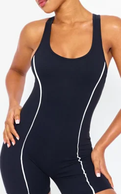 Black Snatched Sculpt Contrast Binding Scoop Neck Unitard