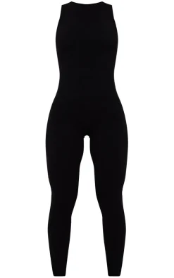 Black Snatched Sculpt Racer Neck Jumpsuit