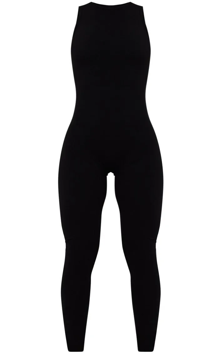 Black Snatched Sculpt Racer Neck Jumpsuit