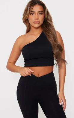Black Snatched Sculpt Strappy One Shoulder Crop Top