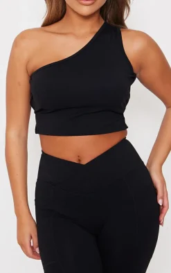 Black Snatched Sculpt Strappy One Shoulder Crop Top