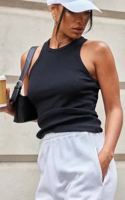 Black Soft Basic Ribbed Racer Vest