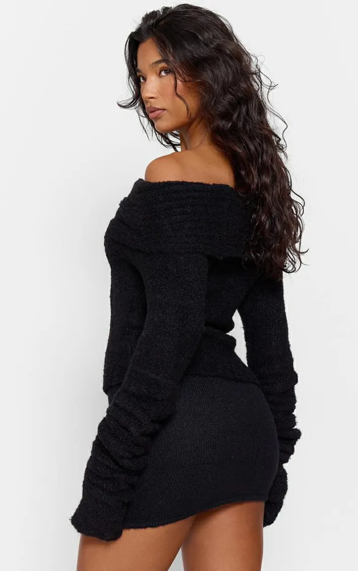 Black Soft Bobble Knit Bardot Foldover Top