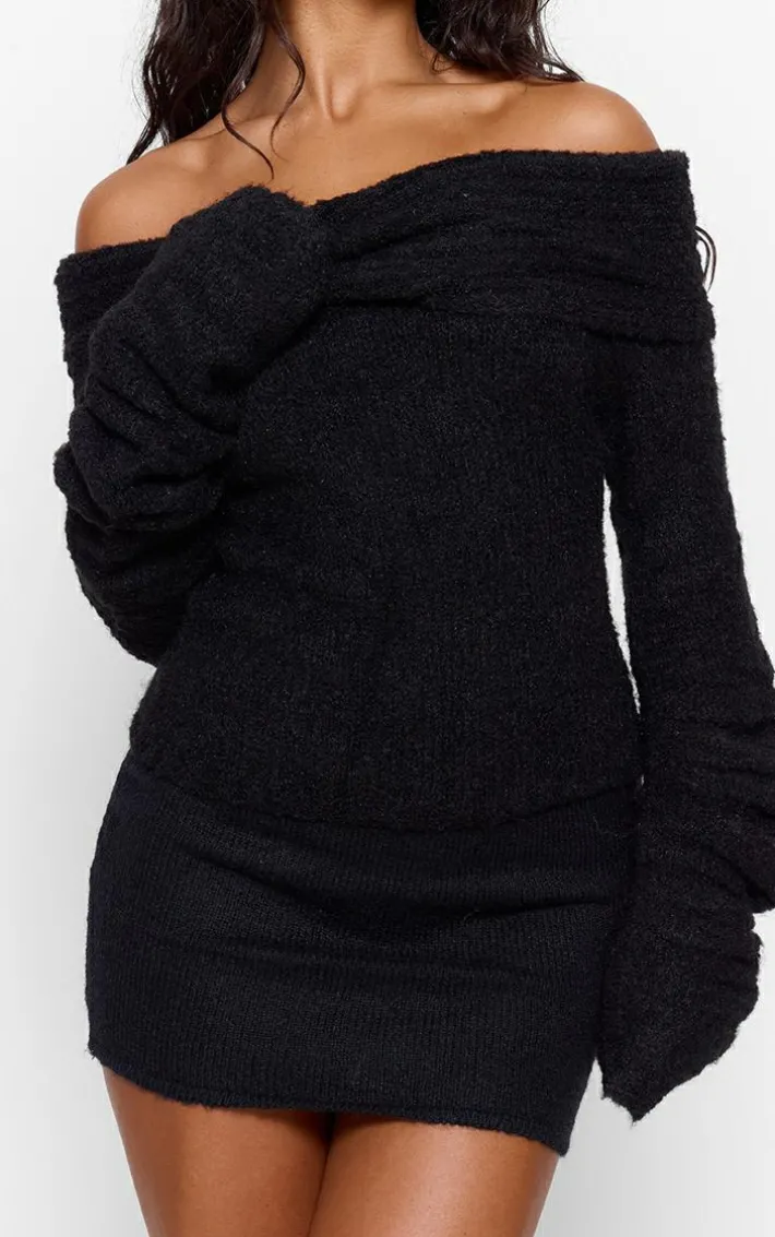 Black Soft Bobble Knit Bardot Foldover Top