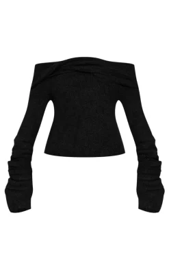 Black Soft Bobble Knit Bardot Foldover Top