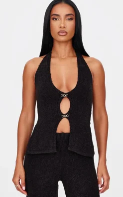 Black Soft Bobble Knit Gold Trim Vest Top
