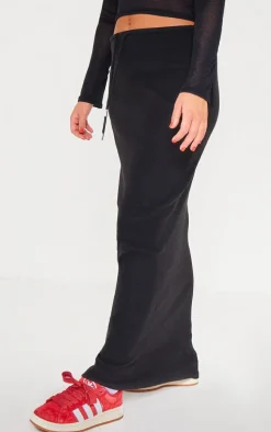 Black Soft Brushed Rib Drawstring Waist Maxi Skirt