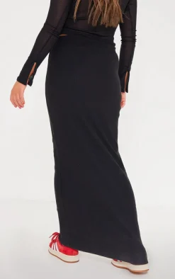 Black Soft Brushed Rib Drawstring Waist Maxi Skirt