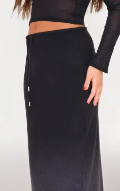 Black Soft Brushed Rib Drawstring Waist Maxi Skirt