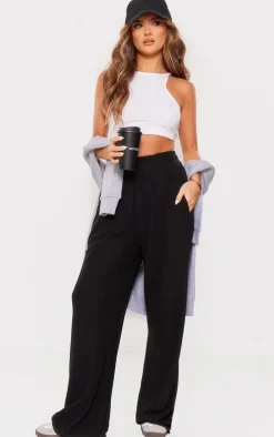 Black Soft Brushed Rib Wide Leg Pants