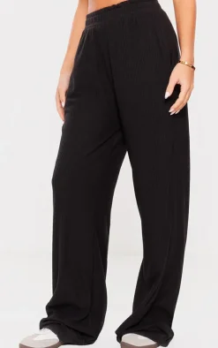 Black Soft Brushed Rib Wide Leg Pants