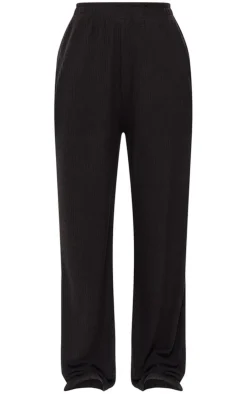 Black Soft Brushed Rib Wide Leg Pants