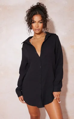 Black Soft Crinkle Oversized Beach Shirt Dress