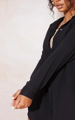 Black Soft Crinkle Oversized Beach Shirt Dress