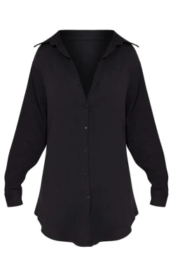 Black Soft Crinkle Oversized Beach Shirt Dress