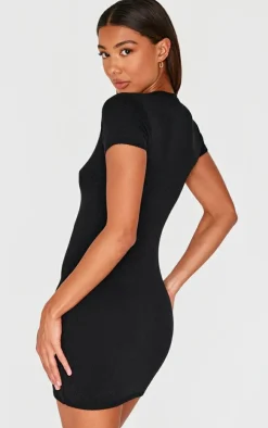 Black Soft Knit Button Through Mini Dress