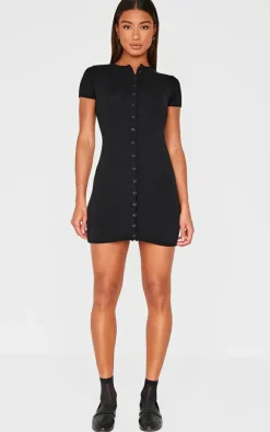 Black Soft Knit Button Through Mini Dress