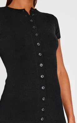 Black Soft Knit Button Through Mini Dress