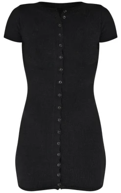 Black Soft Knit Button Through Mini Dress