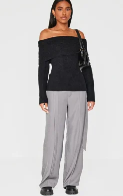 Black Soft Knit Foldover Bardot Top