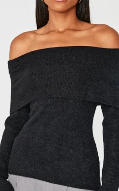 Black Soft Knit Foldover Bardot Top
