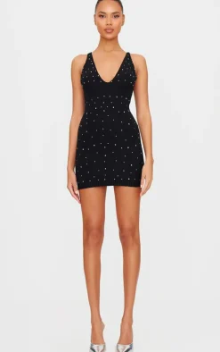 Black Soft Knit Gem Detail Plunge Mini Dress