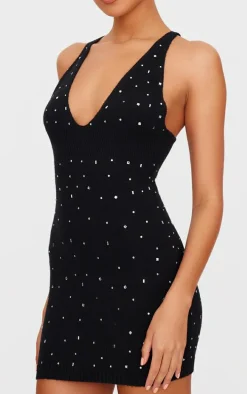 Black Soft Knit Gem Detail Plunge Mini Dress