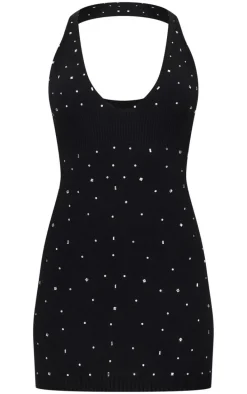 Black Soft Knit Gem Detail Plunge Mini Dress