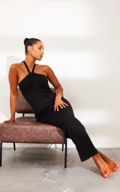 Black Soft Knit Halter Tie Maxi Dress