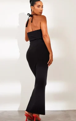 Black Soft Knit Halter Tie Maxi Dress