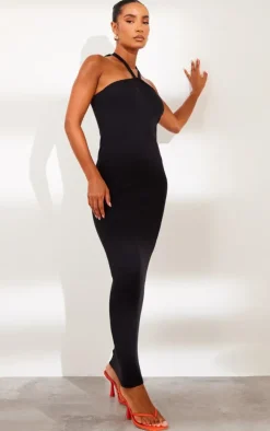 Black Soft Knit Halter Tie Maxi Dress