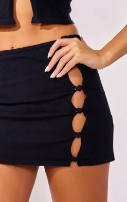 Black Soft Knit Heart Trim Tie Waist Mini Skirt