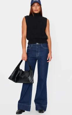 Black Soft Knit High Neck Sweater Vest