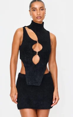 Black Soft Knit O Ring High Neck Crop Top