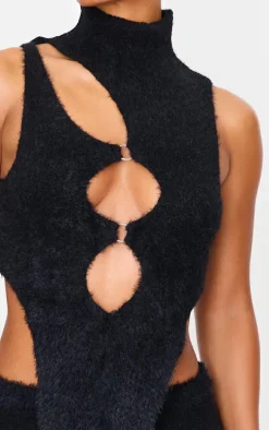 Black Soft Knit O Ring High Neck Crop Top