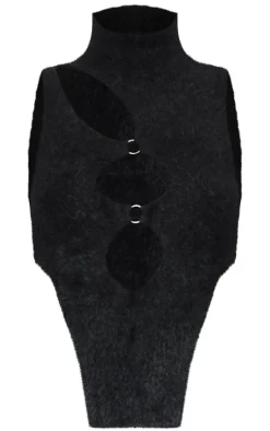 Black Soft Knit O Ring High Neck Crop Top