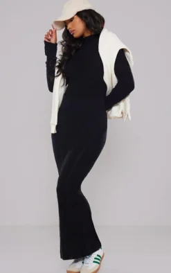 Black Soft Knit Open Back Long Sleeve Maxi Dress