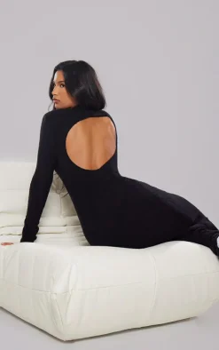 Black Soft Knit Open Back Long Sleeve Maxi Dress