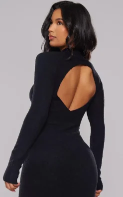 Black Soft Knit Open Back Long Sleeve Maxi Dress