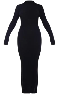 Black Soft Knit Open Back Long Sleeve Maxi Dress