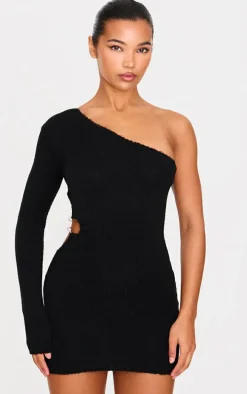 Black Soft Knit Trim Detail Cut Out One Shoulder Mini Dress