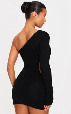 Black Soft Knit Trim Detail Cut Out One Shoulder Mini Dress