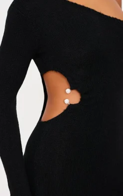 Black Soft Knit Trim Detail Cut Out One Shoulder Mini Dress