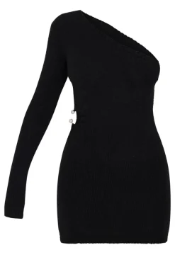 Black Soft Knit Trim Detail Cut Out One Shoulder Mini Dress